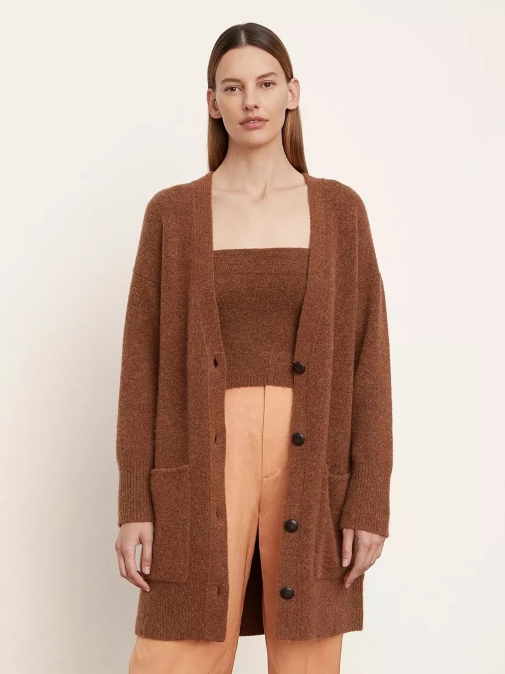VINCE Patch Pocket Wool Cardigan in Tobacco Brown